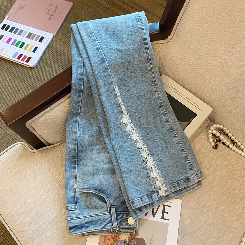 Quần Jean Nữ Lưng Cao Ống Loe Xẻ Tà Đính Hạt Thời Trang Mùa Hè Kiểu Mới