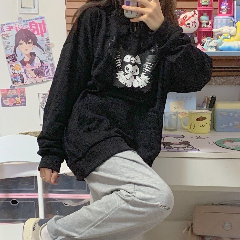 > Áo Nỉ Nhật Bản > Áo Khoác Dày Dặn Phong Cách Học Sinh Nhật Bản In Hình Kuromi Màu Tối Thời Trang Thu Đông