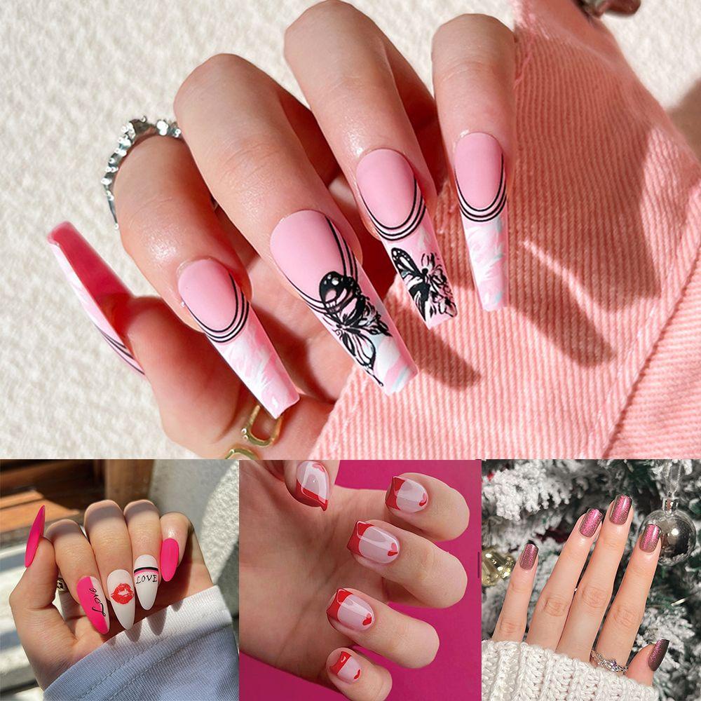 Bộ 24 Móng Tay Giả Dài Họa Tiết Trái Tim Tình Yêu Gợn Sóng