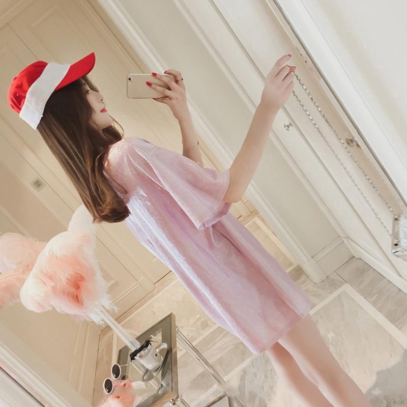 Áo Thun Màu Lấp Lánh Dáng Dài Tay Ngắn Cho Nữ