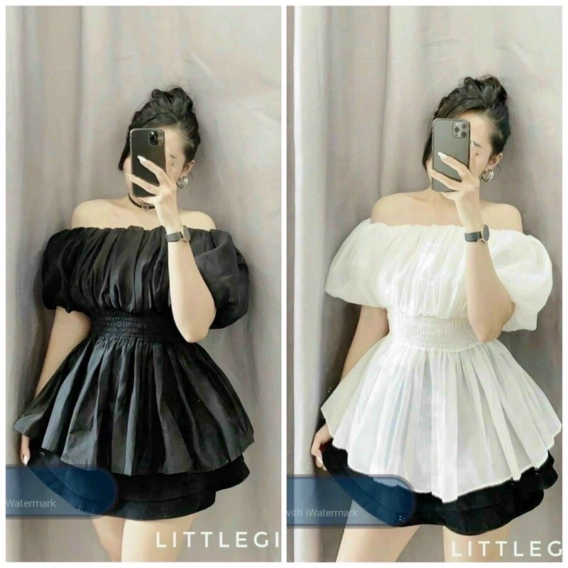 Áo Kiểu Trễ Vai Phối Nhún Bo Eo Nữ Tính A138