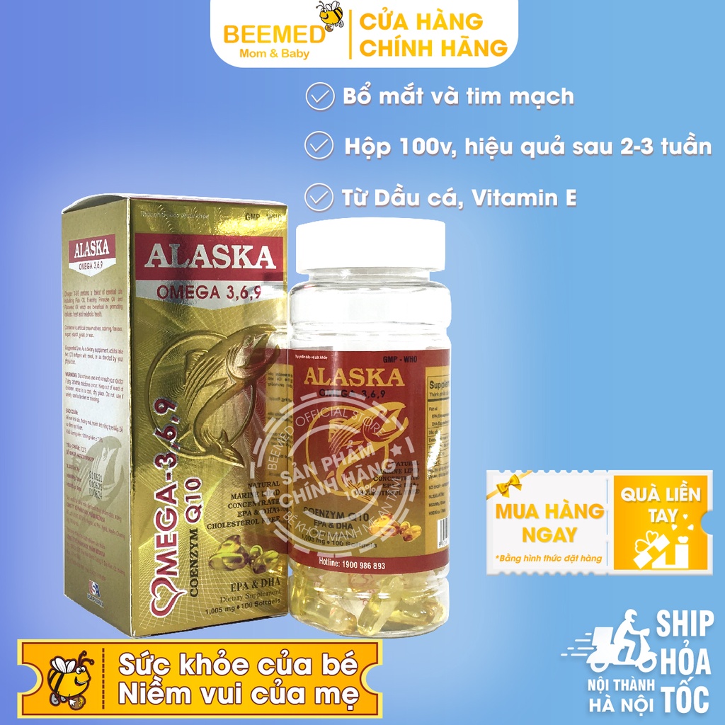 Dầu cá Alaska Hộp 100v bổ sung Omega 3 6 9, DHA EPA, có thêm dầu hoa anh thảo và coenzym q10, bổ mắt và tim mạch