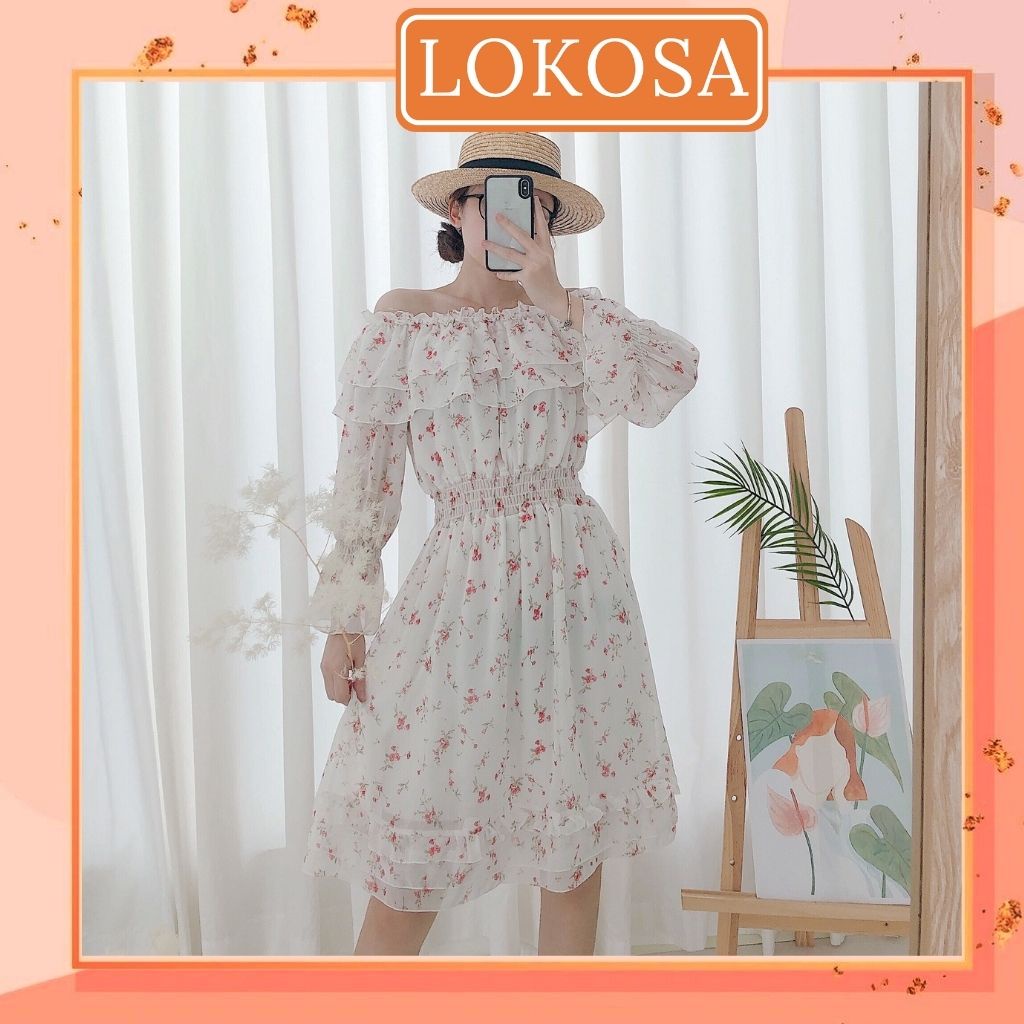 Váy Hoa Nhí LOKOSA Đầm vintage trễ vai dáng dài tay phồng đi dự tiệc đi biển đi chơi sang chảnh cao cấp VDE08