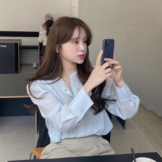 Kii Wii Áo sơ mi nữ dài tay thanh lịch Hàn Quốc màu xanh nhạt