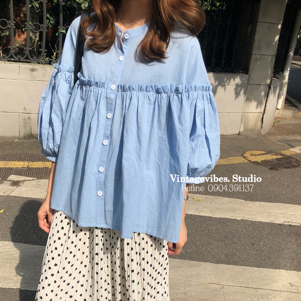 Áo babydoll cổ tròn phối bèo thanh lịch (hàng QC) - Ảnh thật