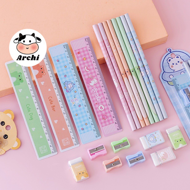 Bộ dụng cụ học tập 5 món gồm bút chì + tẩy + thước kẻ + gọt bút chì cho học sinh dễ thương