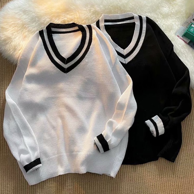 Áo sweater dệt kim tay dài cổ chữ V dáng rộng phong cách Hàn Quốc mới cho nam