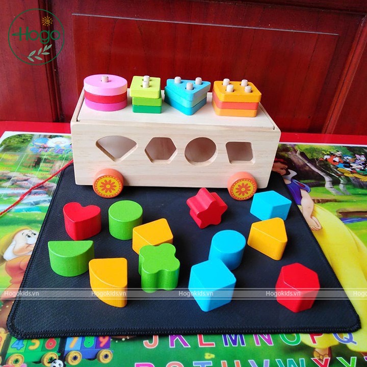 Đồ chơi xe kéo thả hình khối nhiều màu sắc giáo cụ Montesori luyện trí thông minh cho bé 1-3 tuổi