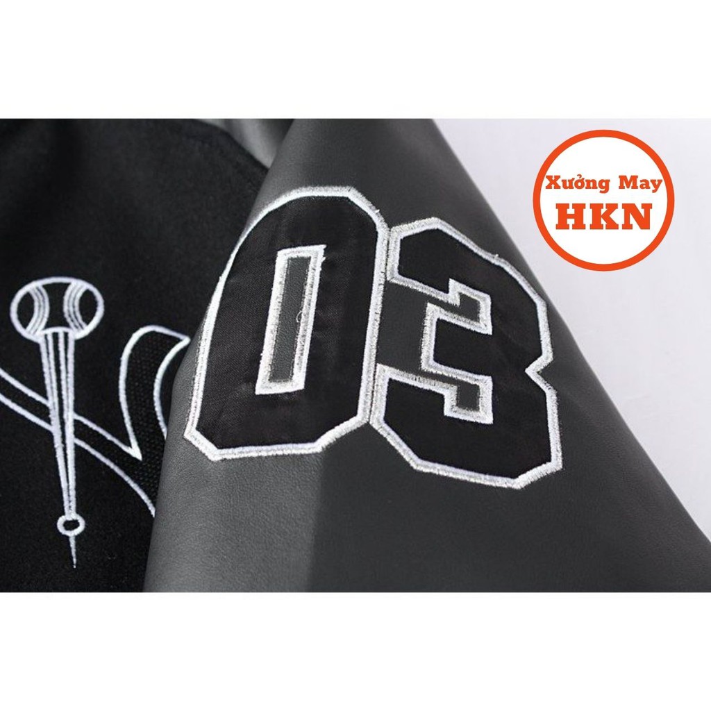 Áo Khoác Bomber Jacket Varsity Cardigan NY Nam Nữ Phối Tay Da Mã 306 Xưởng May HKN