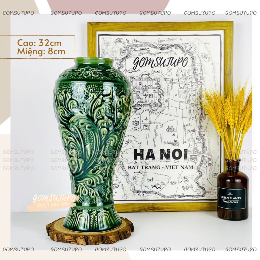 Lọ Vân Nổi Men Hoa Gốm Xanh Ngọc Lục Bảo - Bình Hoa Decor Trang Trí gomsutupo - Gốm Sứ TUPO Bát Tràng
