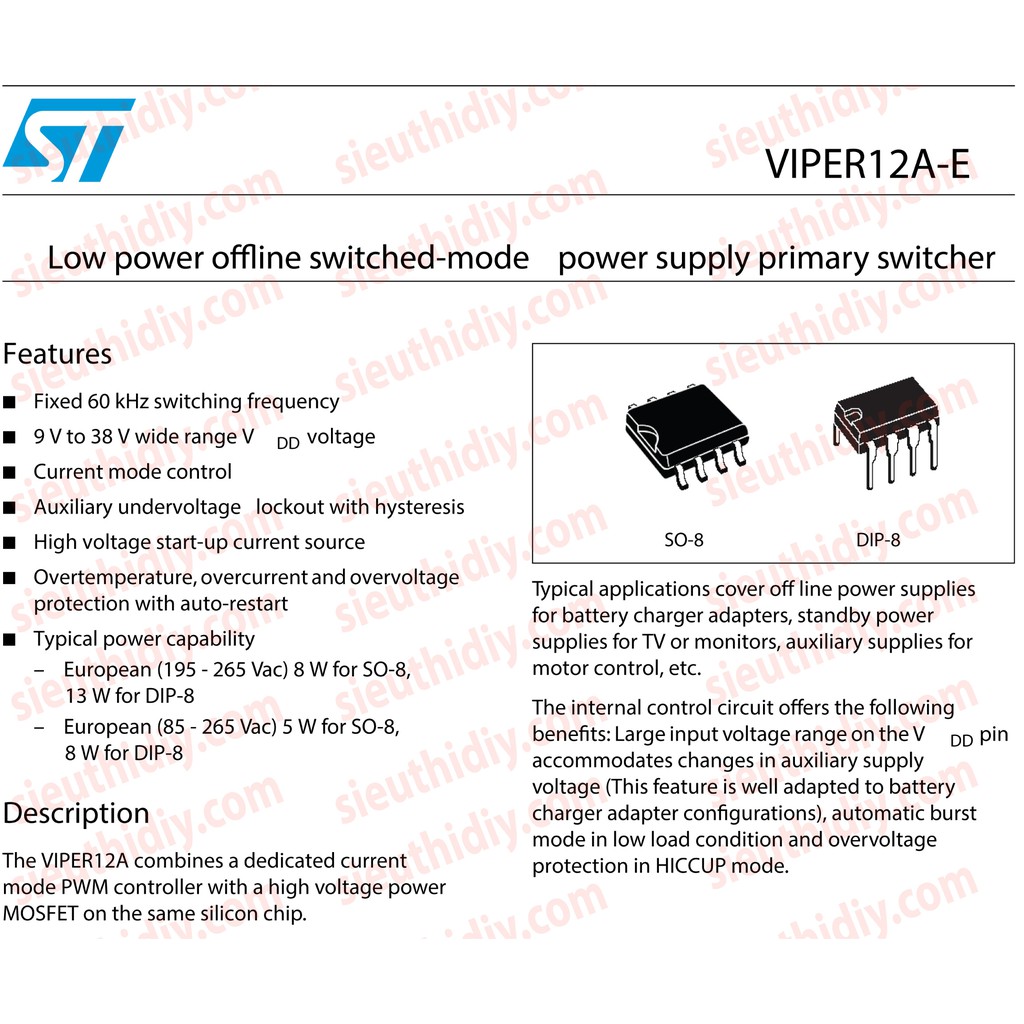 Phụ tùng Bếp từ IC nguồn Viper12A,Viper22A DIP8 hãng ST