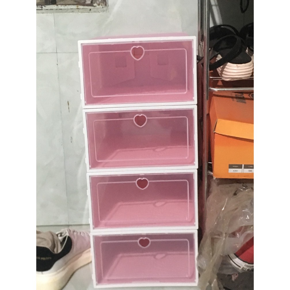 Combo 8 Hộp Đựng Giày Màu Hồng Nắp Nhựa Cứng Lắp Ráp Thông Minh