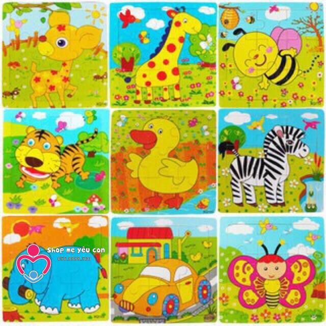 Ghép hình puzzle tranh ghép gỗ 9 mảnh xếp hình con vật, phương tiện cho bé