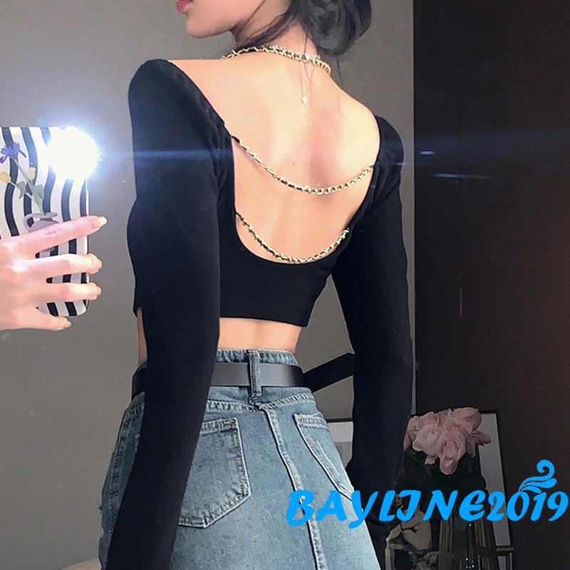 Bay-Women´s Crop Tops Chain Halter Shoulder Cutout Long Sleeve Irregular Hem Slim Fit Short Tops