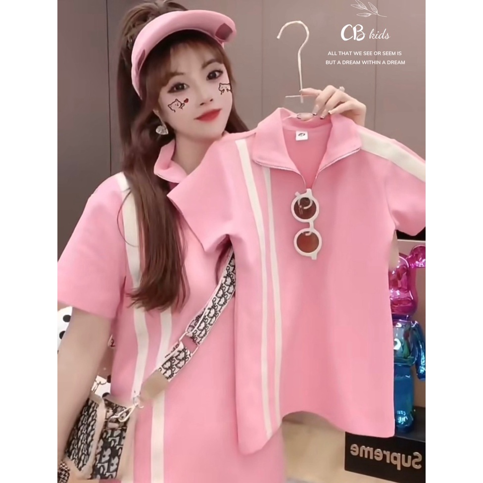 váy polo hồng 2 sọc kẻ cho bé