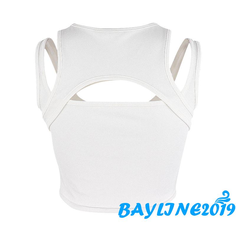 Bay-Women Casual Crop Tops, Solid Color Hollow Out Slim Fit Sleeveless Patchwork Vest
