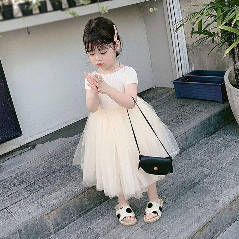 Đầm Tay Ngắn Cổ Tròn Phối Lưới Phong Cách Hàn Quốc Ngọt Ngào Cho Bé Gái