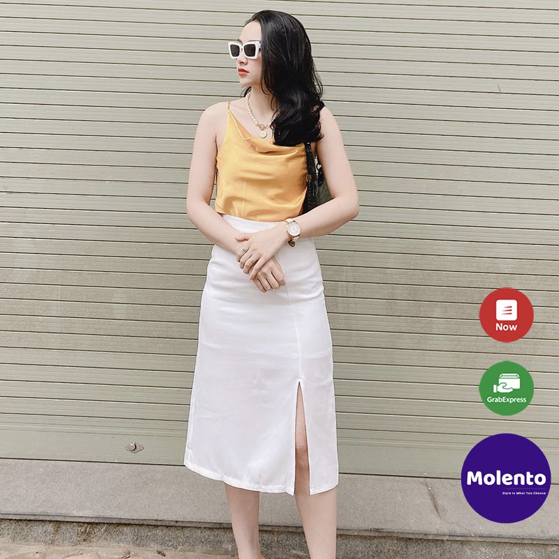 Chân váy xẻ tà Molento chân váy chữ a dài qua gối xẻ trước cá tính phong cách Hàn Quốc hai màu trắng, đen - M25