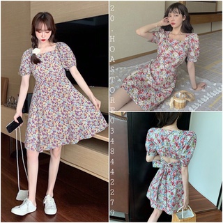 VÁY ĐẦM MÀU TÍM HỒNG HOA NHÍ HỞ LƯNG THẮT NƠ CỔ VUÔNG TAY PHỒNG HOT - ĐẦM HOA HỒNG