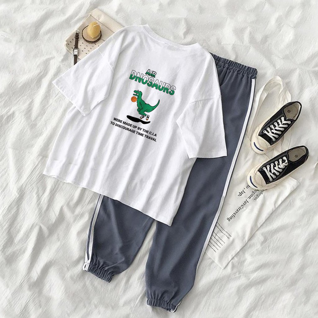 [FREESHIP-HÀNG LOẠI 1] Set Jogger Line Phối Thun Unisex Dnosaur -  Set quần thể thao sọc phối áo phông in hình dễ thương