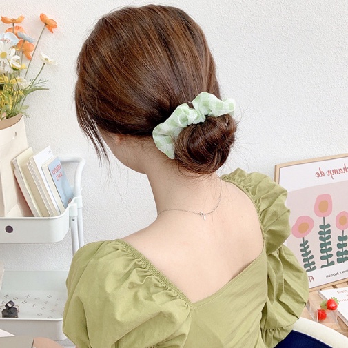 Dây buộc tóc, dây cột tóc vải cao cấp phong cánh hàn quốc, họa tiết xanh