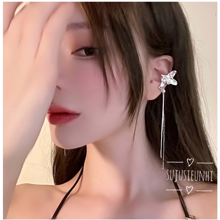 (không xỏ) khuyên tai hình bướm 3 cánh tua dài kẹp vành màu bạc đính ngọc nhân tạo