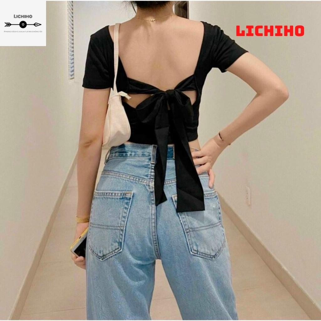 Áo croptop cổ vuông buộc nơ sau lưng CT10 LICHIHO áo thun nữ mềm mịn quyến rủ | BigBuy360 - bigbuy360.vn