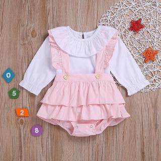 Set áo tay dài cổ búp bê + yếm cột nơ xinh xắn cho bé gái