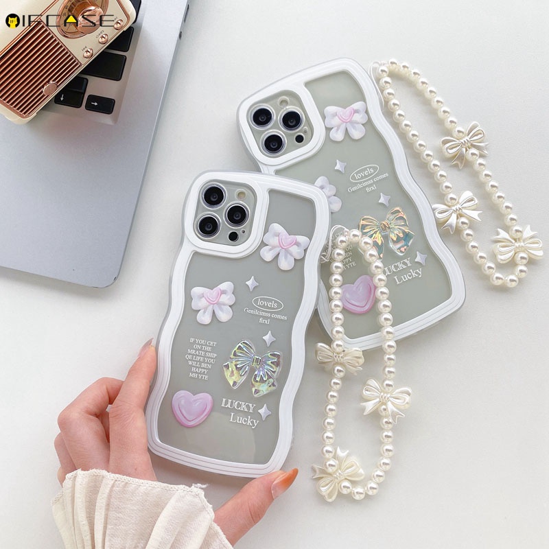 Ốp Điện Thoại Mềm Trong Suốt Đính Nơ Kèm Dây Đeo Cho iPhone 13 12 11 Pro Max XS Max XR X 7 8 Plus