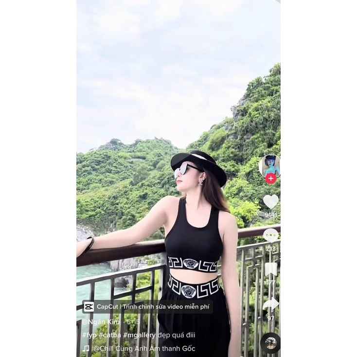 [8.8 Sales Freeship] Set bộ thun đen áo ba lỗ croptop phối màu, quần dài ống suông, set bộ thun gân phối họa tiết