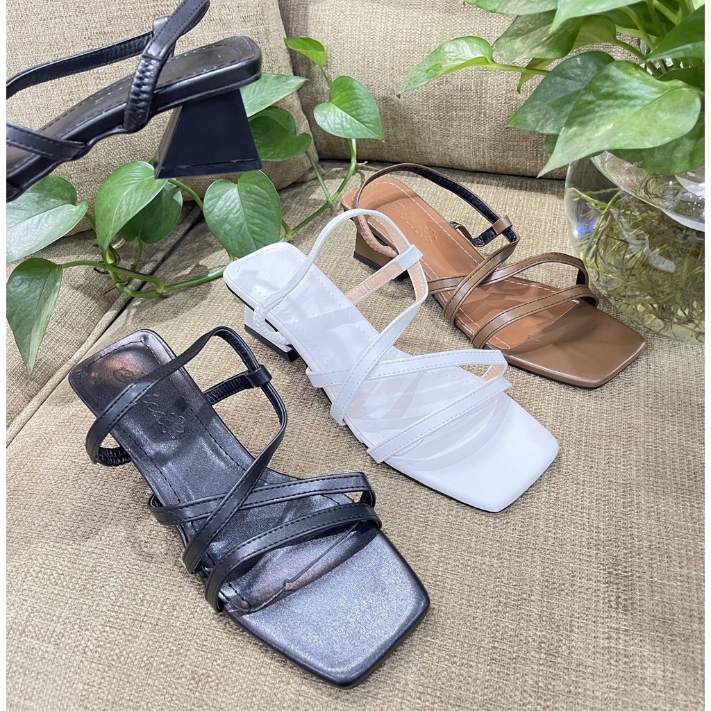 Sandal da mịn dây mảnh vát chéo cạnh chun gót - 4P