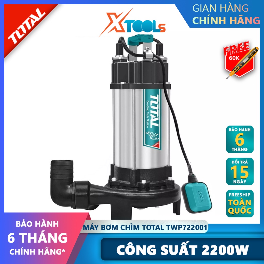 Máy bơm chìm nước sạch TOTAL TWP722001 máy bơm thả chìm tự động điện thế 220V, công suất 2200W(3.0HP), hút nước cống