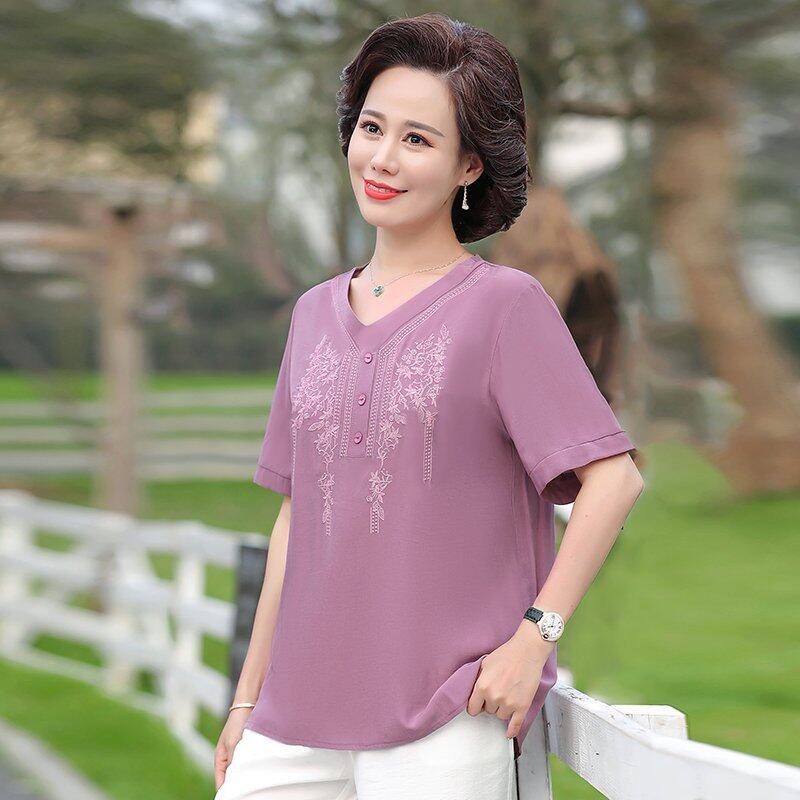 Áo Thun cotton Cổ Tròn Dáng Rộng In Họa Tiết Phối Nút Thời Trang Chất Lượng Cao Cho Nữ Trung Niên 35-55 Tuổi