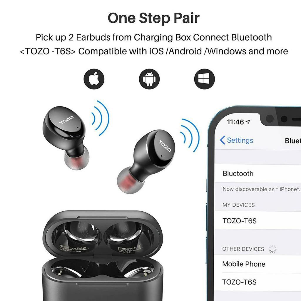 TOZO T6 S Tai nghe nhét tai không dây, Tai nghe True Wireless, TWS , Bluetooth 5.3, chống nước IPX8, chống ồn