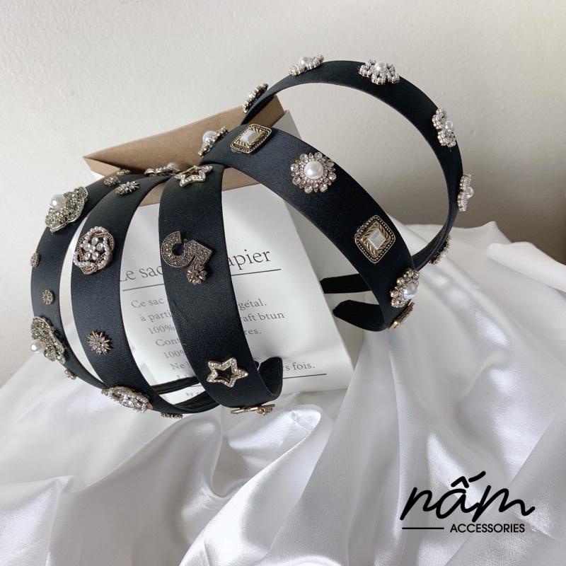 Băng đô vải to bản đính đá ngọc phong cách retro cổ điển