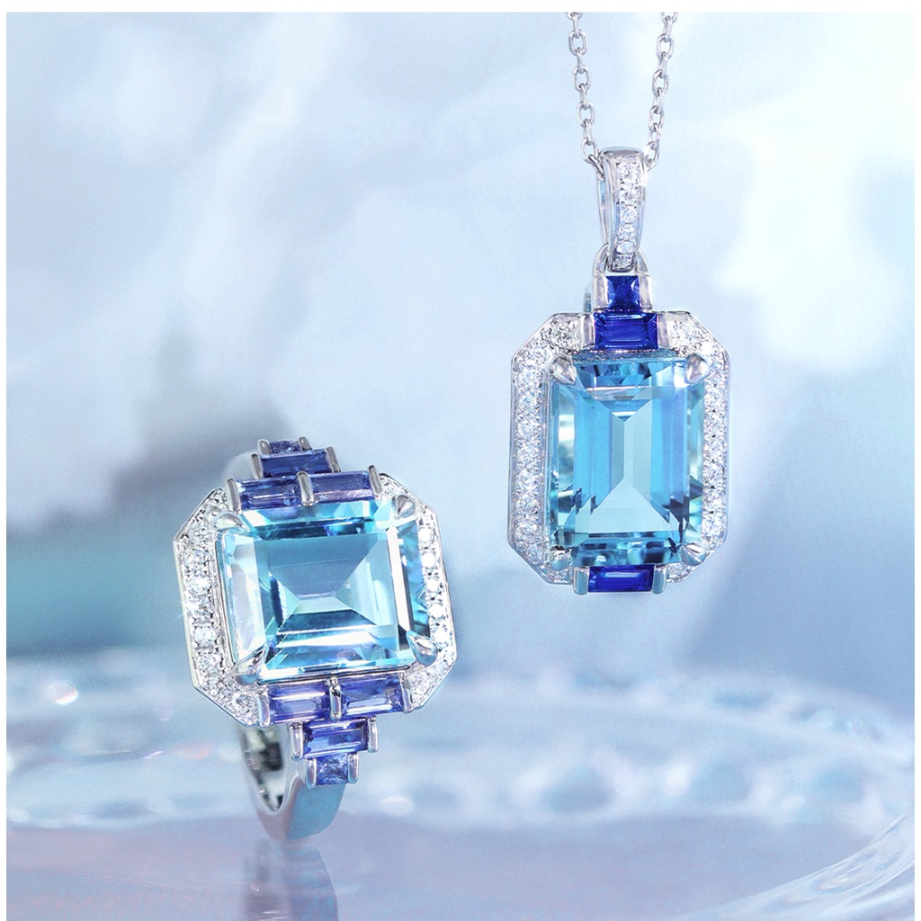 Set Nhẫn Đính Đá Topaz Nhân Tạo Màu Xanh Dương Sang Trọng Cho Nữ