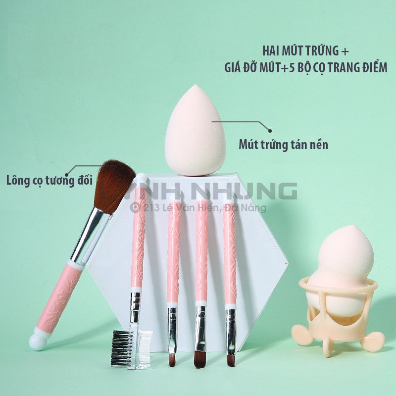 Set 02 bông phấn + bộ 5 cọ trang điểm cơ bản cho người mới bắt đầu học makeup