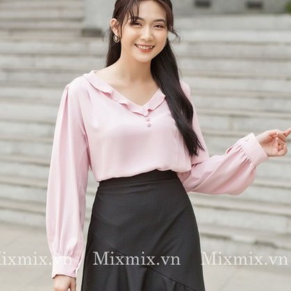 Áo lụa cổ tim viền bèo - MIXMIX - Hàng thiết kế- Hình chụp thật 100%