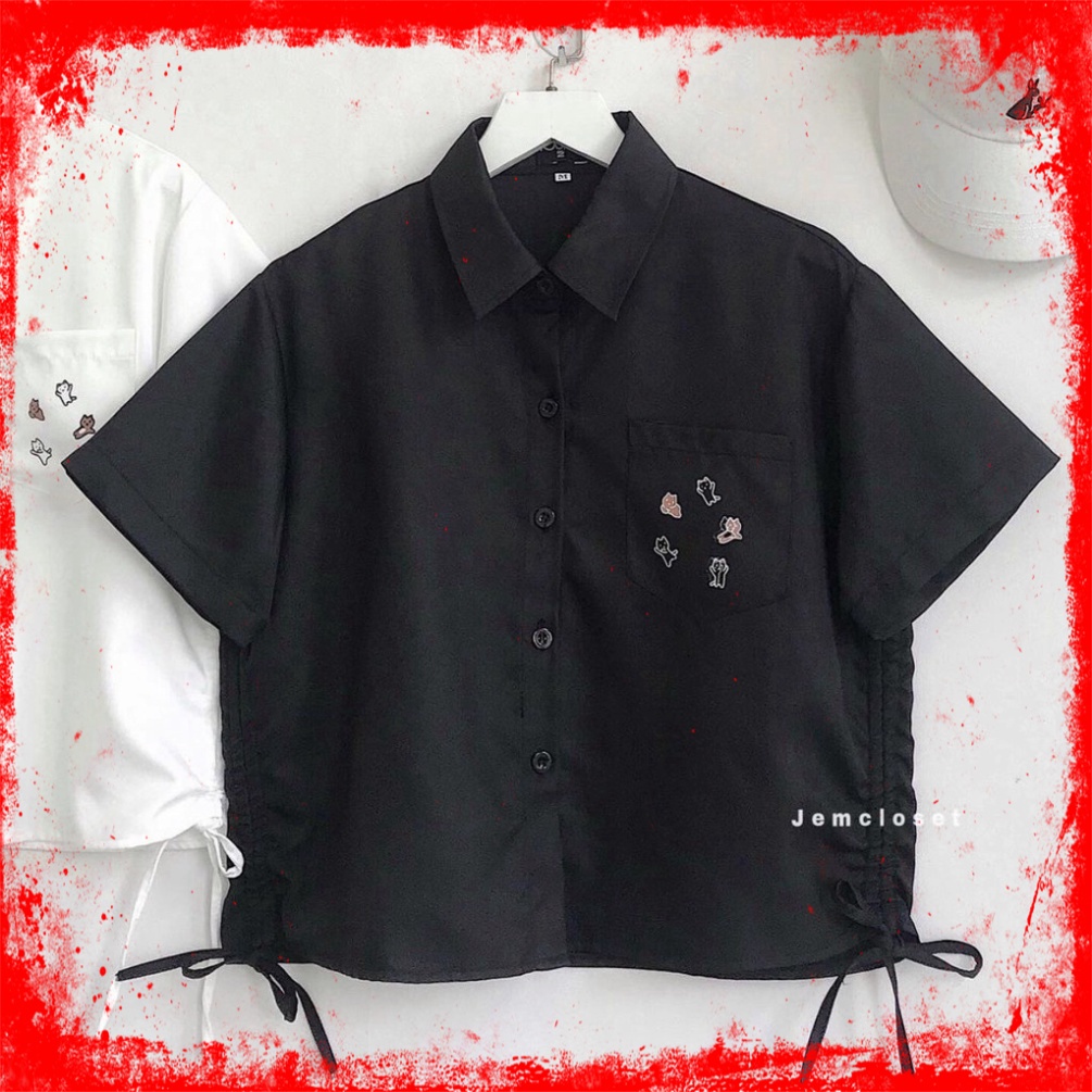 Áo Nữ Hot Đẹp ❤ Korea Áo Sơ Mi Trắng Rút 2 Bên Hông Nữ - Áo Croptop Sơ Mi Dây Rút Eo Kos Đen Trắng Túi Ngực Hình Thỏ