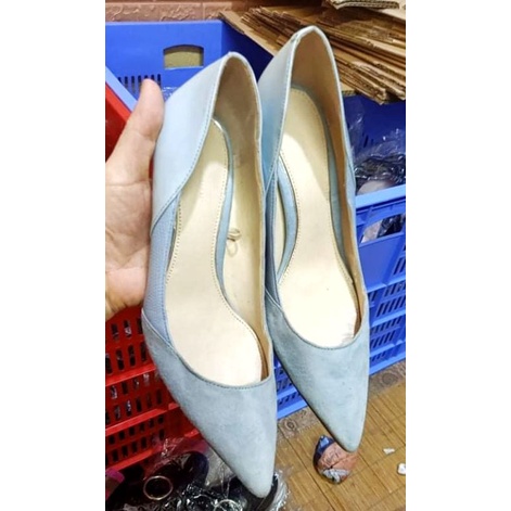 Giày cao gót xuất Âu da lộn phối da bóng 6cm hồng pastel, xanh pastel, xám size 37-38
