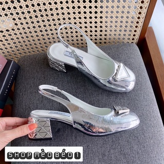 Sandal prada bạc mũi tròn gót thấp fullbox