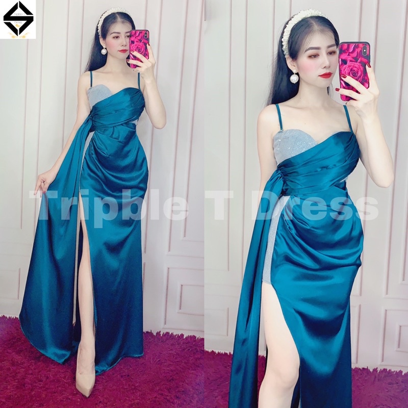 Đầm maxi phi thun lụa 2 dây xẻ đùi TRIPBLE T DRESS - Size M/L - MS388V