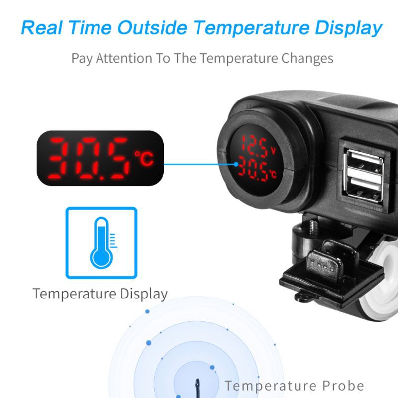 Cốc sạc điện thoại gắn xe máy hai đầu USB hiển thị số Vol dành cho điện thoại/máy tính bảng/GPS