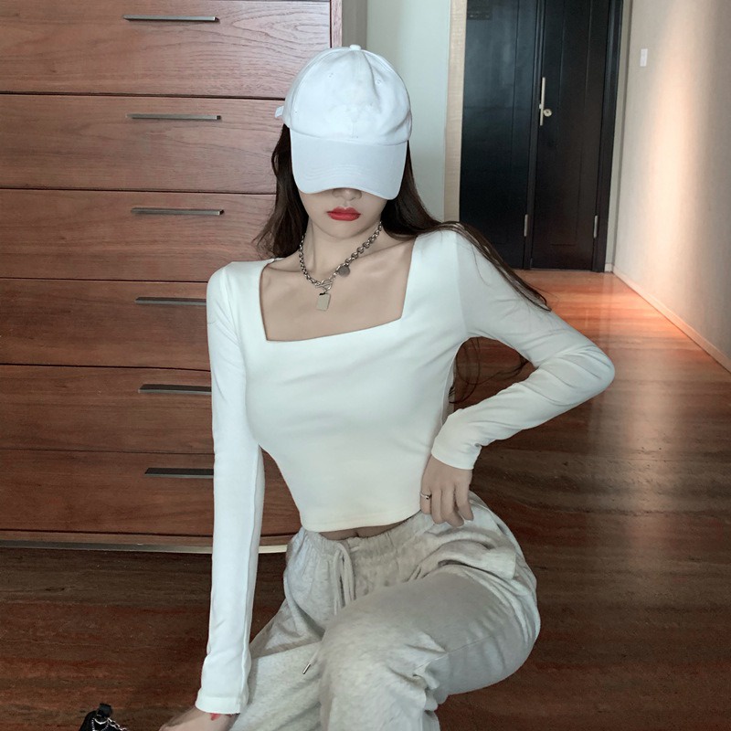 Áo Croptop Nữ Tay Dài Cổ Vuông Boniface Áo Thun Dữ Nhiệt Thu Đông Cổ Vuông Dáng Ôm Body