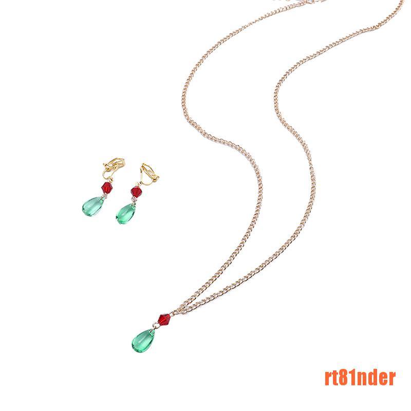 Bộ Vòng cổ + Bông Tai Hình Giọt Nước Họa Tiết Hoạt Hình Màu Xanh