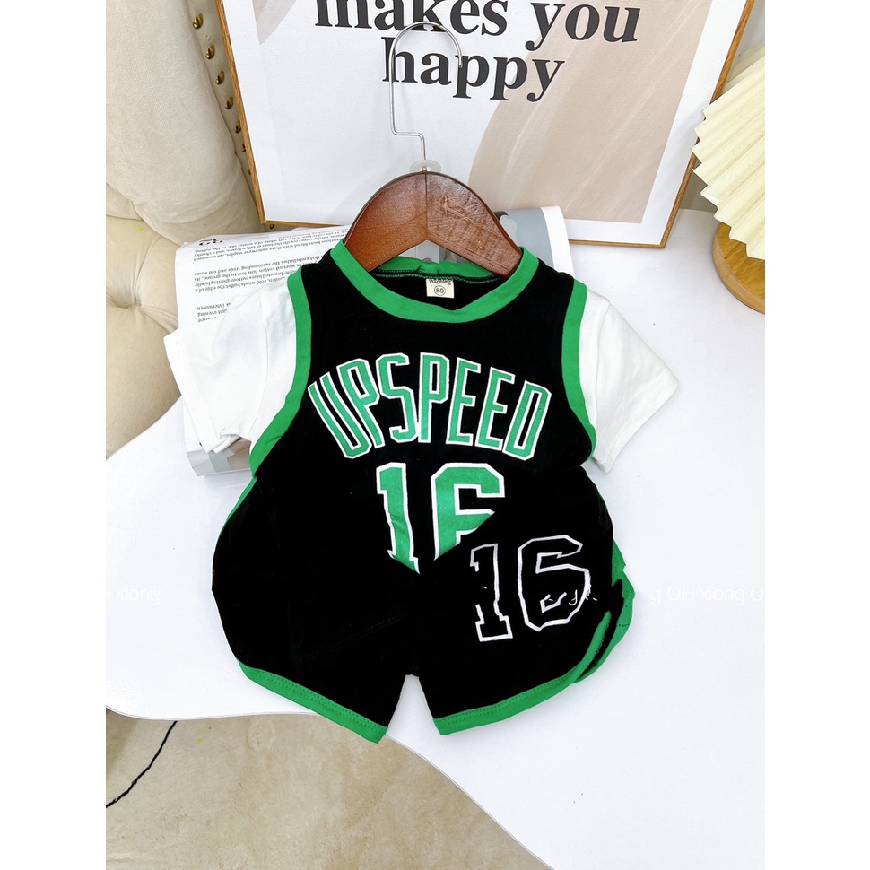 Bộ cộc tay bé trai, bộ cotton bóng chày Upspeed phối màu khỏe khoắn cho bé