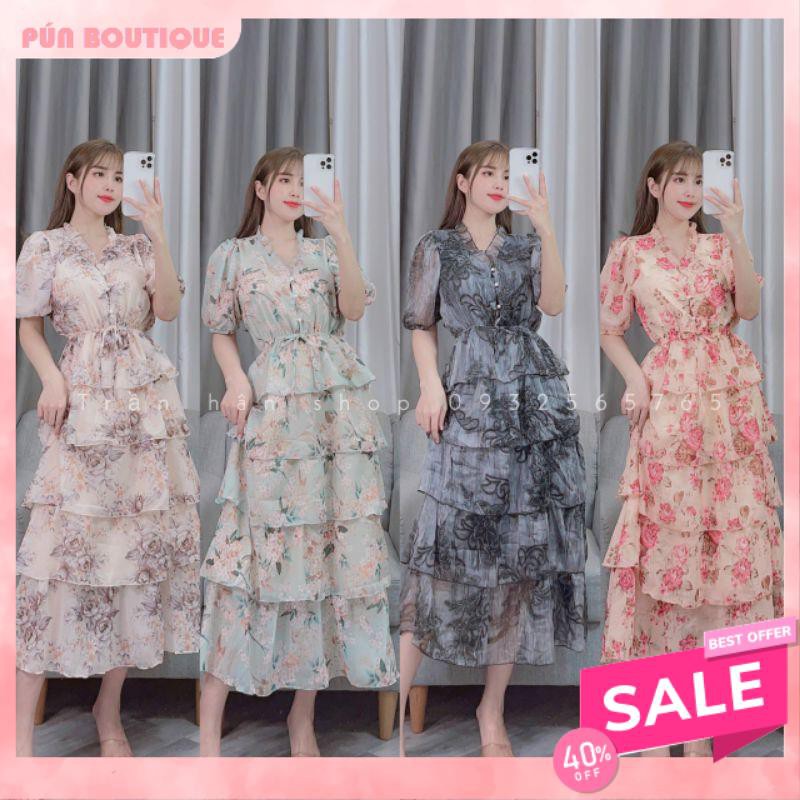 {Siêu Phẩm} Váy Maxi Hoa Tầng Cúc Ngọc Voan Lụa 2 Lớp - Đầm Suông Đi Tiệc QT | BigBuy360 - bigbuy360.vn