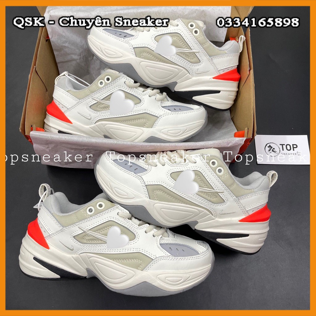 Giày Sneaker M2K Trắng Gót Đỏ Giày Thể Thao Nam Nữ Tăng Chiều Cao Full Phụ Kiện