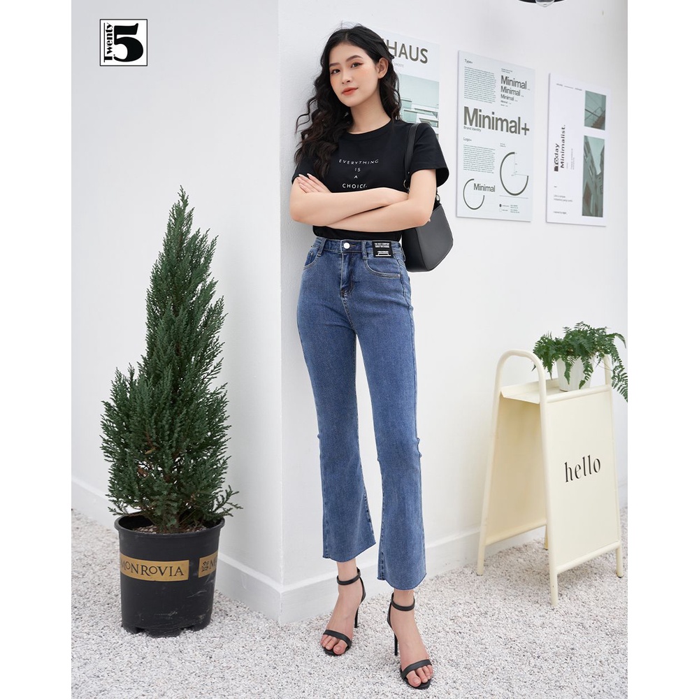 Quần jeans nữ ống loe cắt gấu dáng vừa vải co dãn Twentyfive 3933