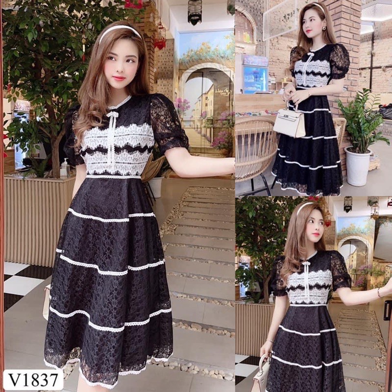 Váy ren phối viền dáng dài may hai lớp siêu xịn sò sẵn hai màu đen trắng